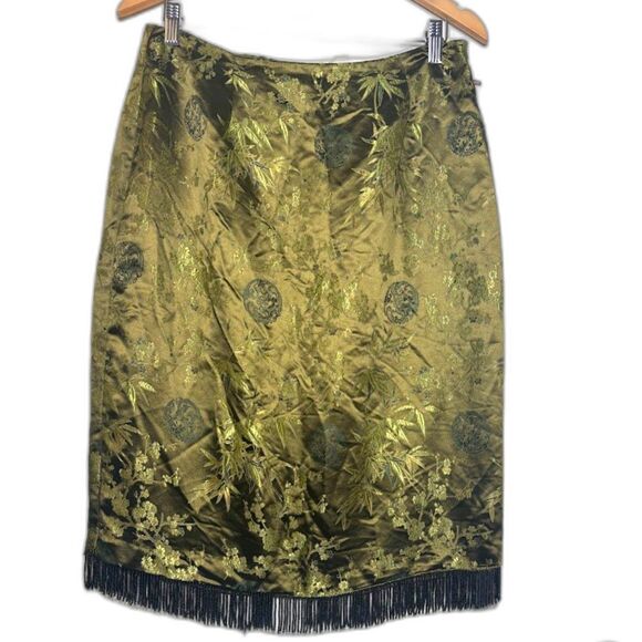 CLIO deadstock VTG Satin Skirt Size 14 Olive Green Asian Inspired Beaded Fringe - Picture 1 of 6